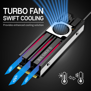 Ineo M.2 Heatsink SSD Cooler With 20mm Cooling Fan - Model C2600-II For Nvme 2280 SSD - a black metal heatsink with a small cooling fan, shown with blue light effects and a temperature icon graphic.