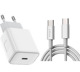 Infinix XC06 30W Pd Type-c Fast Charger With 3A Cable | Digilog.pk - white wall plug featuring a single Type-C port and a matching white Type-C to Type-C cable.