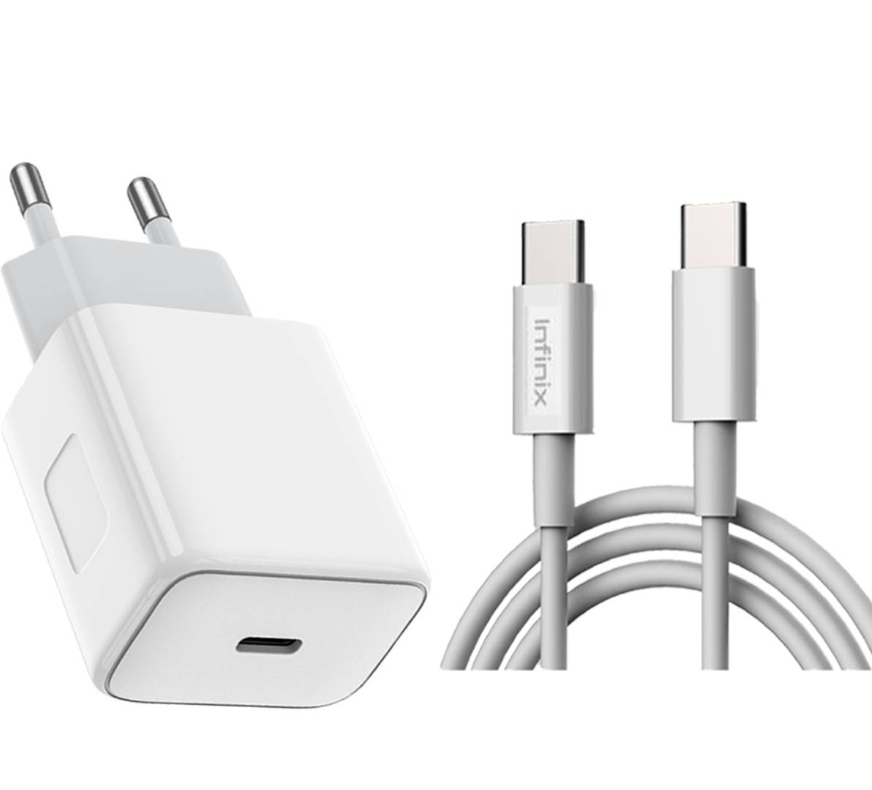 Infinix XC06 30W Pd Type-c Fast Charger With 3A Cable | Digilog.pk - white wall plug featuring a single Type-C port and a matching white Type-C to Type-C cable.