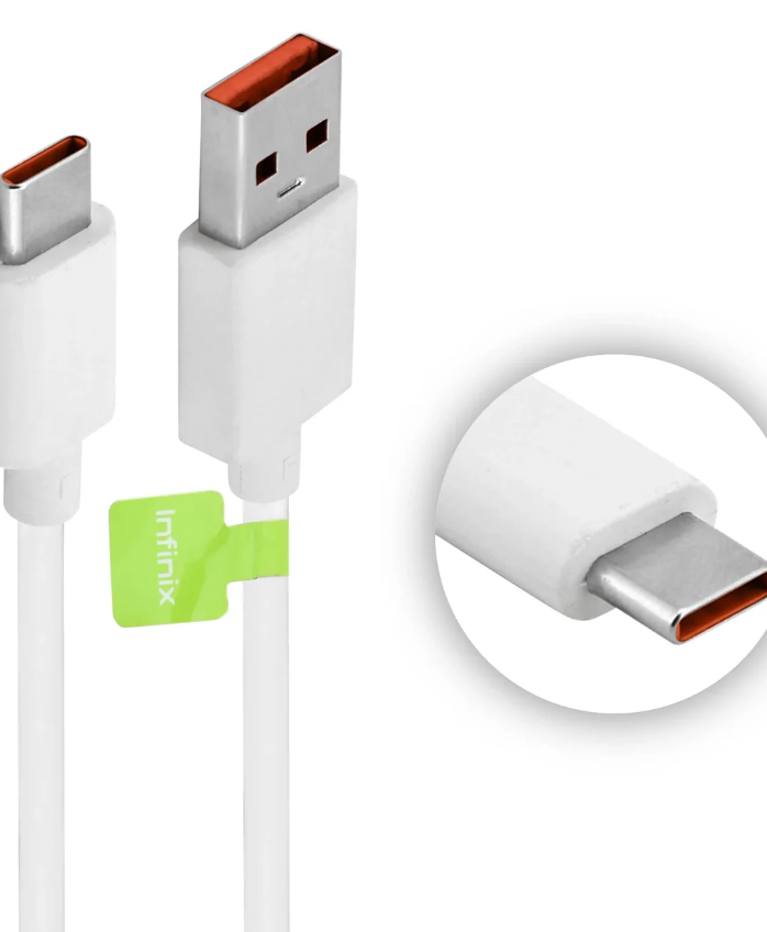 Infinix XC06 30W Pd Type-c Fast Charger With 3A Cable | Digilog.pk - a white USB-A to USB-C cable with an Infinix tag and a close-up view of the USB-C connector.