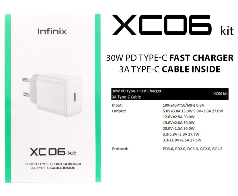 Infinix XC06 30W Pd Type-c Fast Charger With 3A Cable | Digilog.pk - shown as a white wall plug and its retail packaging box featuring printed technical specifications.