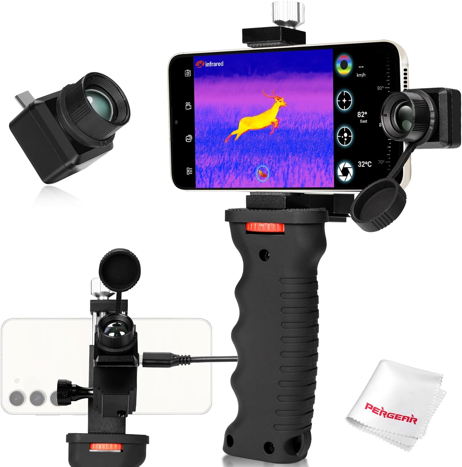 Infiray T2 Pro Thermal Monocular For Android, Thermal Imaging Monocular For Hunting, 2~15x Digital Zoom, Hotspot Tracking, 13mm Adjustable Lens, - shown with a smartphone, black handle grip, lens cap, and cleaning cloth, displaying a thermal deer image.