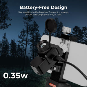 Infiray T2 Pro Thermal Monocular For Android, Thermal Imaging Monocular For Hunting, 2~15x Digital Zoom, Hotspot Tracking, 13mm Adjustable Lens, - attached to a smartphone with a USB-C cable, featuring a black housing, an adjustable lens, and a lens cap.