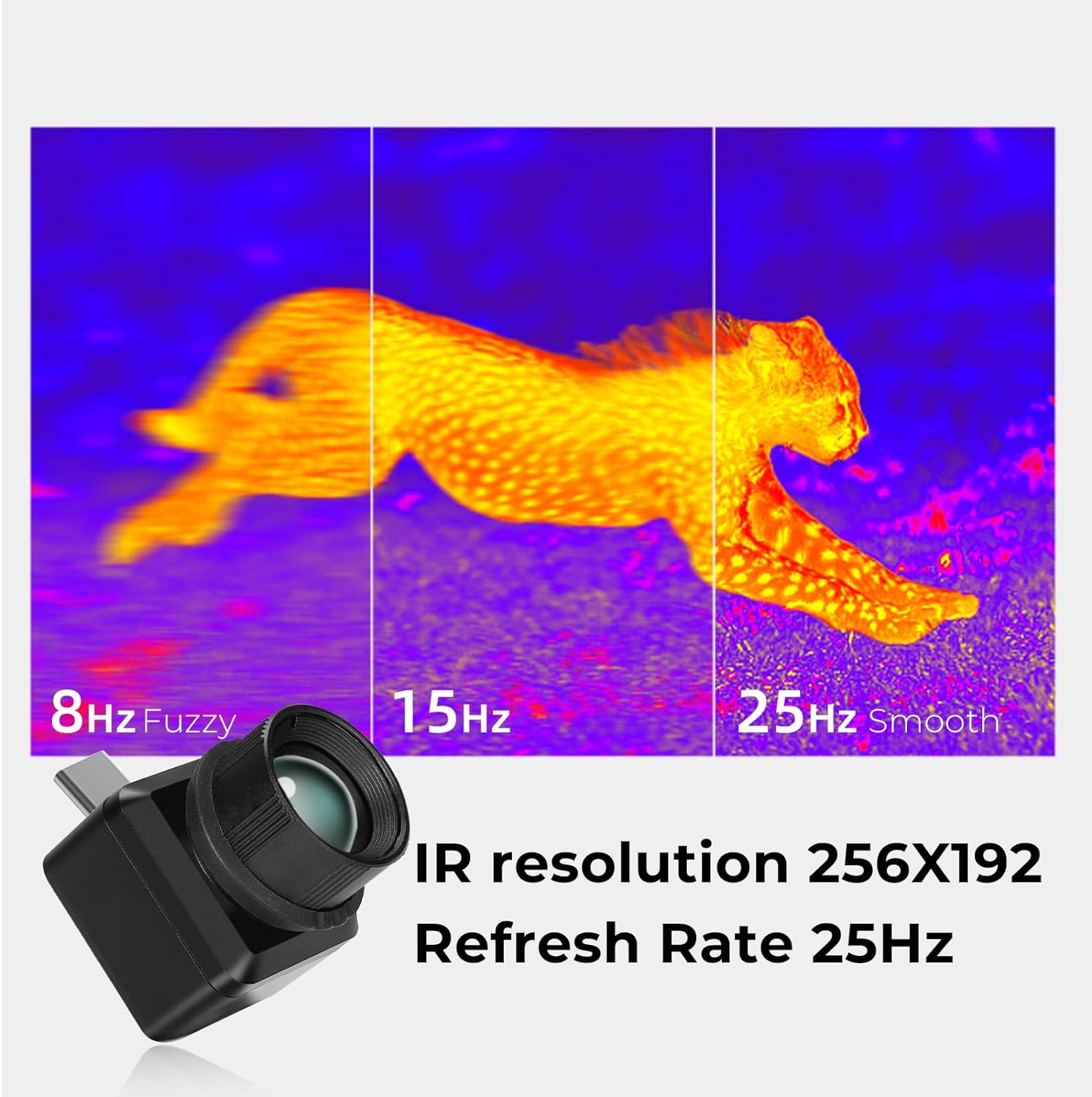 Infiray T2 Pro Thermal Monocular For Android, Thermal Imaging Monocular For Hunting, 2~15x Digital Zoom, Hotspot Tracking, 13mm Adjustable Lens, - a black thermal camera with a USB-C connector next to a comparison graphic of a cheetah in thermal.