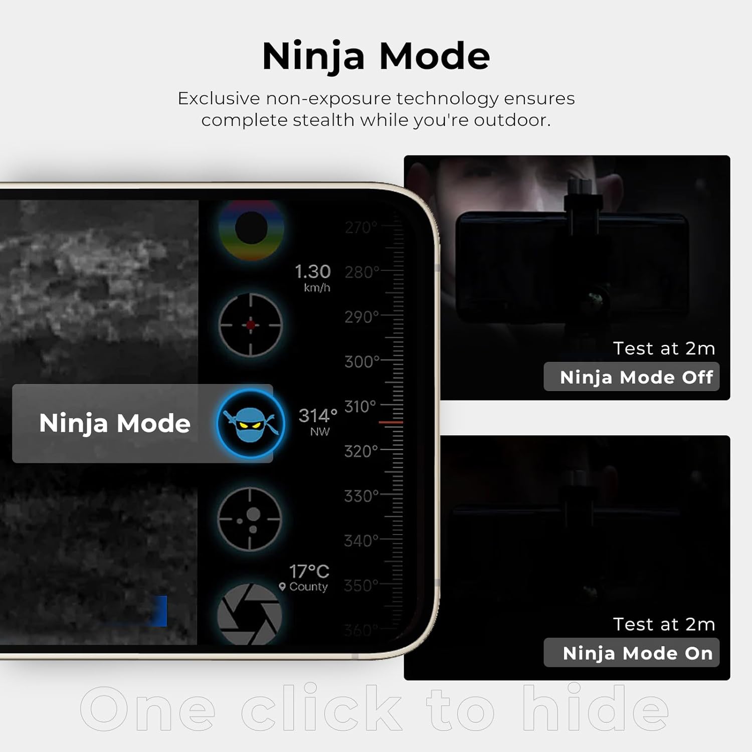 Infiray T2 Pro Thermal Monocular For Android, Thermal Imaging Monocular For Hunting, 2~15x Digital Zoom, Hotspot Tracking, 13mm Adjustable Lens, - a smartphone screen with the Ninja Mode interface, a compass, and a comparison of thermal visibility at 2 meters.