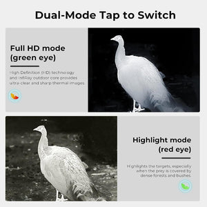 Infiray T2 Pro Thermal Monocular For Android, Thermal Imaging Monocular For Hunting, 2~15x Digital Zoom, Hotspot Tracking, 13mm Adjustable Lens, - a comparison graphic of Full HD mode with a green eye icon and Highlight mode with a red eye icon.