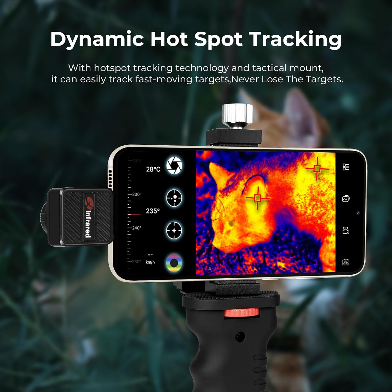 Infiray T2 Pro Thermal Monocular For Android, Thermal Imaging Monocular For Hunting, 2~15x Digital Zoom, Hotspot Tracking, 13mm Adjustable Lens, - attached to a smartphone mounted on a tripod, displaying a thermal image of a cat with tracking icons on the screen.