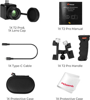 Infiray T2 Pro Thermal Monocular For Android, Thermal Imaging Monocular For Hunting, 2~15x Digital Zoom, Hotspot Tracking, 13mm Adjustable Lens, - camera, lens cap, manual, Type-C cable, handle, and a protective carrying case.
