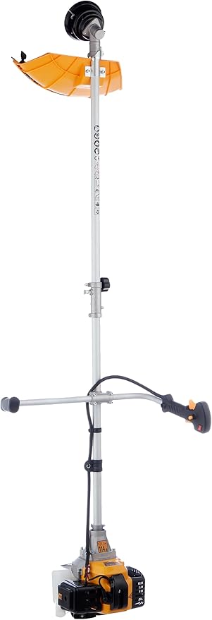 Ingco GBC5434411 Gasoline Grass Trimmer & Bush Cutter - shown as a full-length vertical view with a yellow engine, silver shaft, and orange blade guard.
