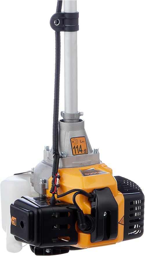 Ingco GBC5434411 Gasoline Grass Trimmer & Bush Cutter - a close-up view of the yellow and silver engine housing with a 114 dB noise level label.