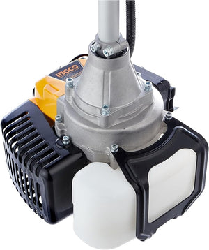 Ingco GBC5434411 Gasoline Grass Trimmer & Bush Cutter - a close-up view of the yellow and black engine housing, silver metal casing, and white fuel tank.