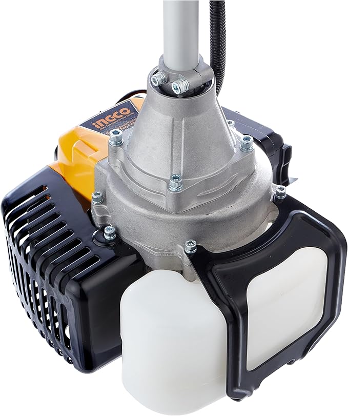 Ingco GBC5434411 Gasoline Grass Trimmer & Bush Cutter - a close-up view of the yellow and black engine housing, silver metal casing, and white fuel tank.