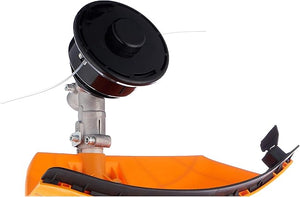 Ingco GBC5434411 Gasoline Grass Trimmer & Bush Cutter - a close-up of the black cutting head with trimmer line and the orange protective guard.