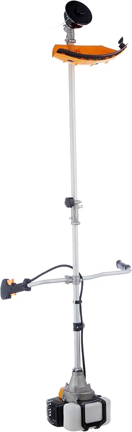 Ingco GBC5434411 Gasoline Grass Trimmer & Bush Cutter - shown as a full-length vertical view featuring a silver pole, orange guard, and black engine base.