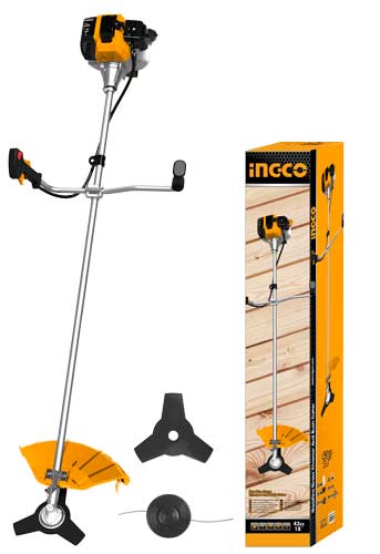 Ingco GBC5434411 Gasoline Grass Trimmer & Bush Cutter - shown with a yellow and black motor, metal shaft, handle controls, safety guard, blade, and box.