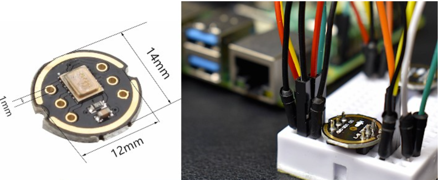 INMP441 Mems High Precision Omnidirectional Microphone I2s Snr Low Power Module - a dimensioned product diagram next to the circular black circuit board connected to a breadboard with wires.