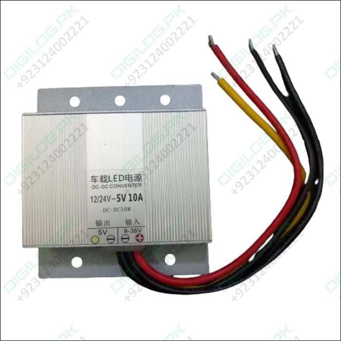 Input 12V-24V To Output 5V 10A 50W DC To DC Step Down Converter Voltage Regulator - a silver rectangular voltage regulator with four attached wires and a label showing input and output specs.