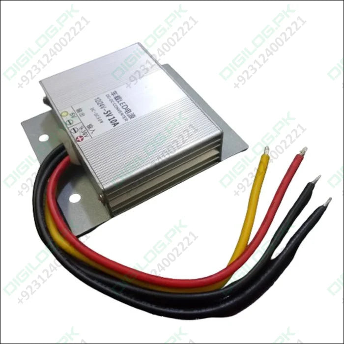 Input 12V-24V To Output 5V 10A 50W DC To DC Step Down Converter Voltage Regulator - a silver metal housing with four color-coded wires and a label showing input and output specs.