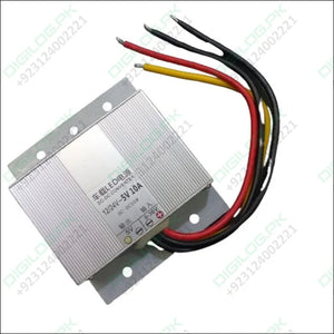 Input 12V-24V To Output 5V 10A 50W DC To DC Step Down Converter Voltage Regulator - a silver rectangular metal module with four colored wires and a printed specification label.