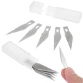 Interchangeable Sharp Blades For Detail Pen Knife For Crafts & Carving Scalpel (5 PCS) - set of five silver metal craft blades, a clear plastic storage case, and a hand holding one blade.