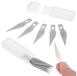 Interchangeable Sharp Blades For Detail Pen Knife For Crafts & Carving Scalpel (5 PCS) - set of five silver metal craft blades, a clear plastic storage case, and a hand holding one blade.