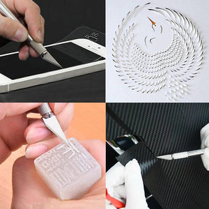 Interchangeable Sharp Blades For Detail Pen Knife For Crafts & Carving Scalpel (5 PCS) - shown in a collage demonstrating precision cutting on various materials.