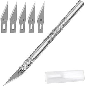 Interchangeable Sharp Blades For Detail Pen Knife For Crafts & Carving Scalpel (5 PCS) - a silver craft knife with one blade attached and five spare blades.