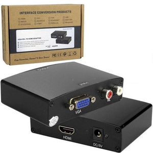 Interface Conversion Converter VGA+r/l To HDMI Adapter Hwh-2058 - shown with its cardboard packaging, two black metal converter units, VGA, R/L, HDMI, and DC ports.