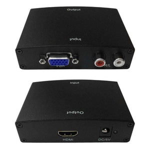Interface Conversion Converter VGA+r/l To HDMI Adapter Hwh-2058 - two black metal boxes, one with VGA and R/L ports and one with HDMI and DC/5V ports.