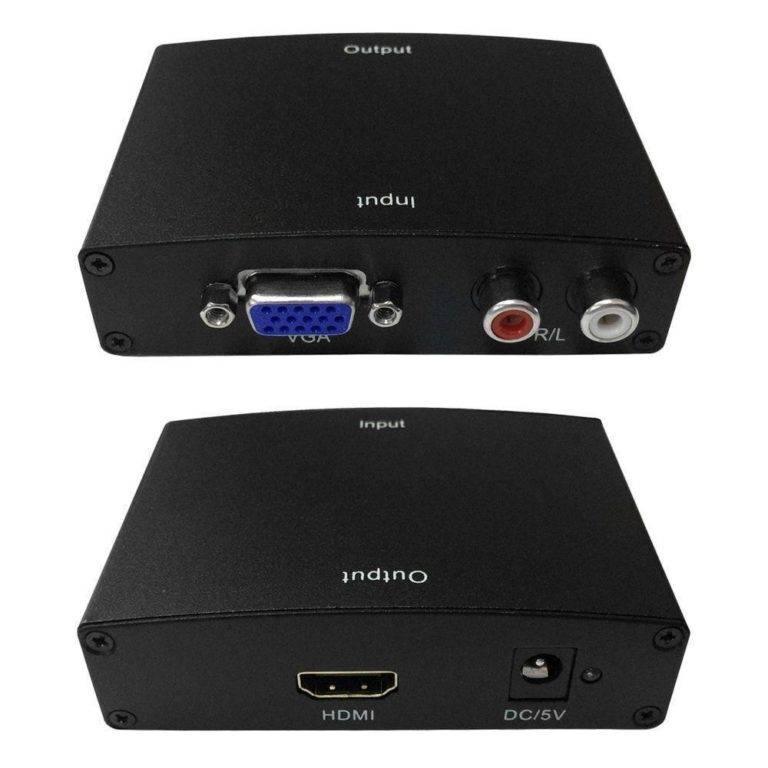 Interface Conversion Converter VGA+r/l To HDMI Adapter Hwh-2058 - two black metal boxes, one with VGA and R/L ports and one with HDMI and DC/5V ports.