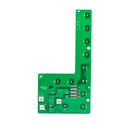 Inverter Capacitor Board CHF100 - an L-shaped green printed circuit board featuring multiple circular contact points and a small cluster of surface components.