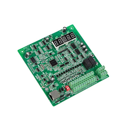 Inverter CPU Card For CHF100 Inverter - a green printed circuit board featuring a digital display, multiple terminal blocks, relays, and a network port.