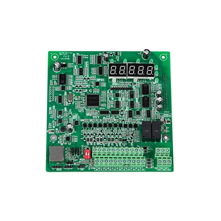 Inverter CPU Card For CHF100 Inverter - a green rectangular circuit board featuring a five-digit LED display, two black relays, and terminal connectors.