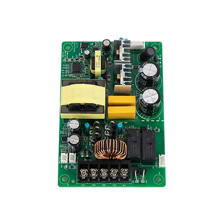 Inverter Fan Board CHF100 Invt - a green rectangular circuit board featuring a large transformer, two black capacitors, a copper coil, and a terminal block.