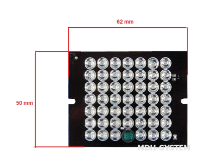 Invisible 940 Nm Infrared Reflector With 48 Diodes For Indoor/outdoor - black square circuit board with 48 LEDs, a light sensor, and red dimension lines showing 62x50 mm.