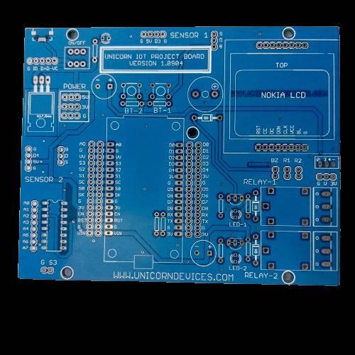 IOT Project Board PCB - a blue printed circuit board featuring sensor ports, relay slots, a Nokia LCD interface, and labeled pin headers.