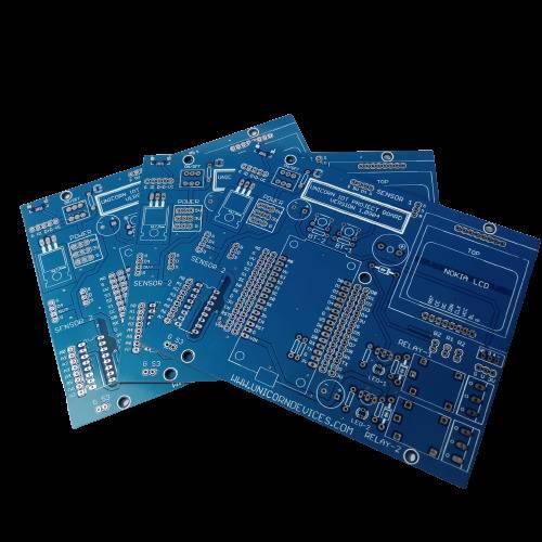 IOT Project Board PCB - a set of three blue printed circuit boards featuring labels for a Nokia LCD, sensors, relays, and power inputs.