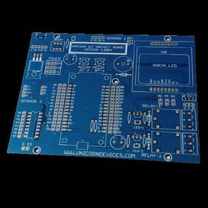 IOT Project Board PCB - a blue printed circuit board with slots for a Nokia LCD, two relays, buttons, and various sensor and power connectors.