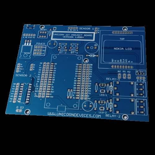 IOT Project Board PCB - a blue printed circuit board with slots for a Nokia LCD, two relays, buttons, and various sensor and power connectors.