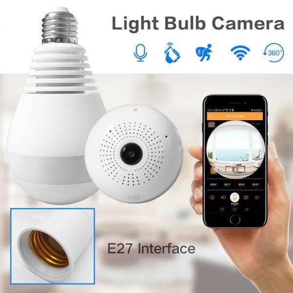 Ip Wireless Panoramic Bulb Camera 1080P HD 2MP Bulb Camera Price - shown with a white bulb camera, an E27 socket, and a smartphone displaying a live camera feed.