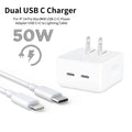 Iphone 14 Pro 50W USB-c+c Power Adapter With USB-c To Lightning Cable (high Copy) - a white dual-port wall charger with two USB-C ports and an attached USB-C to Lightning cable.