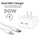 Iphone 14 Pro 50W USB-c+c Power Adapter With USB-c To Lightning Cable (high Copy) - a white dual-port wall charger with two USB-C ports and an attached USB-C to Lightning cable.