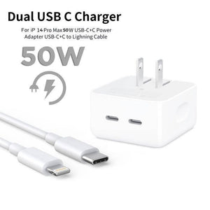 Iphone 14 Pro 50W USB-c+c Power Adapter With USB-c To Lightning Cable (high Copy) - a white dual-port wall charger with two USB-C ports and an attached USB-C to Lightning cable.