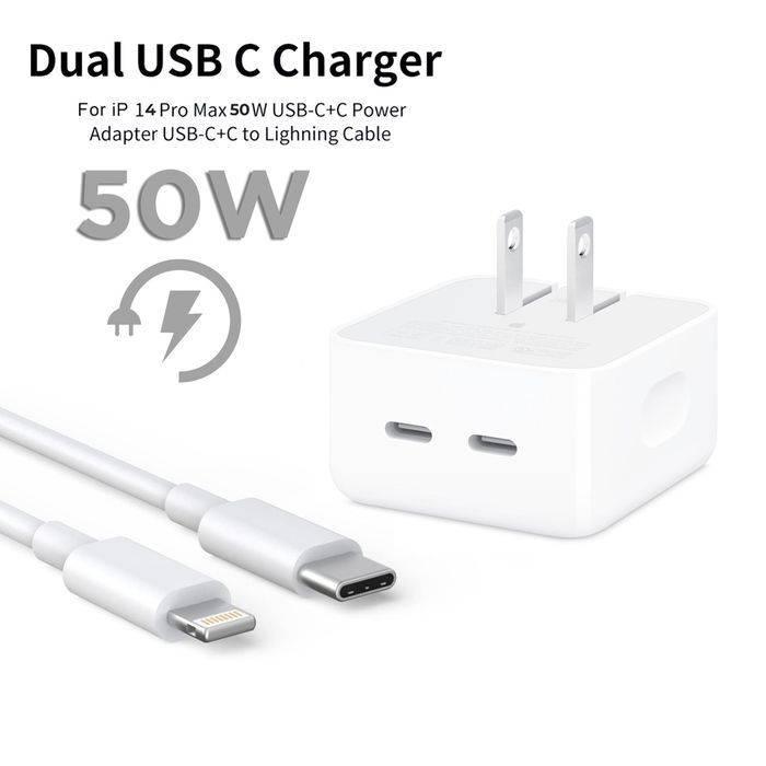 Iphone 14 Pro 50W USB-c+c Power Adapter With USB-c To Lightning Cable (high Copy) - a white dual-port wall charger with two USB-C ports and an attached USB-C to Lightning cable.