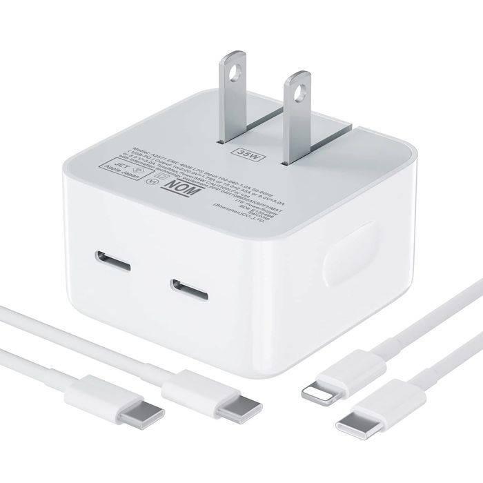 Iphone 14 Pro 50W USB-c+c Power Adapter With USB-c To Lightning Cable (high Copy) - with two USB-C to Lightning cables, showing a white dual-port wall charger with two cables laid out below it.
