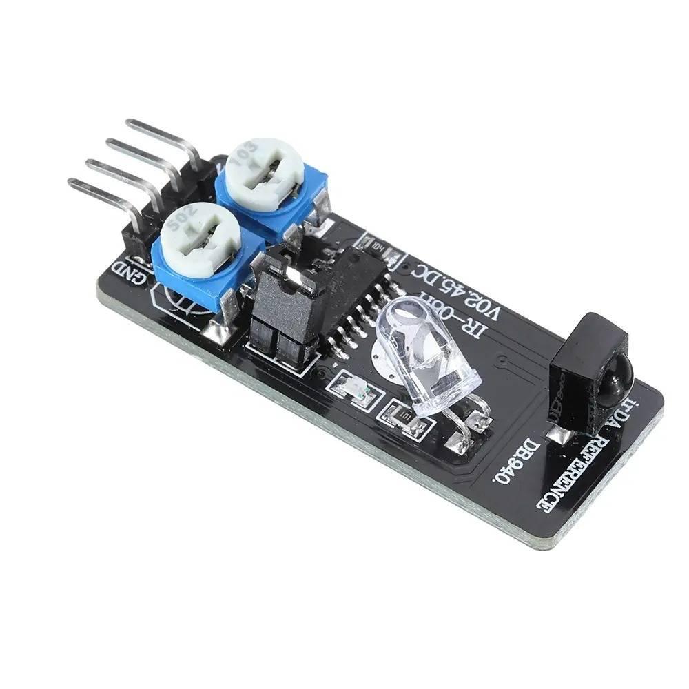 IR-08H Infrared Obstacle Avoidance Sensor Module KY032 For Arduino - a black circuit board with two blue potentiometers, a clear LED, and a black IR receiver.