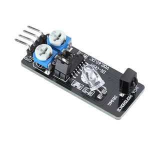 IR-08H Infrared Obstacle Avoidance Sensor Module KY032 For Arduino - a black circuit board with two blue potentiometers, a clear LED, and a black IR receiver.