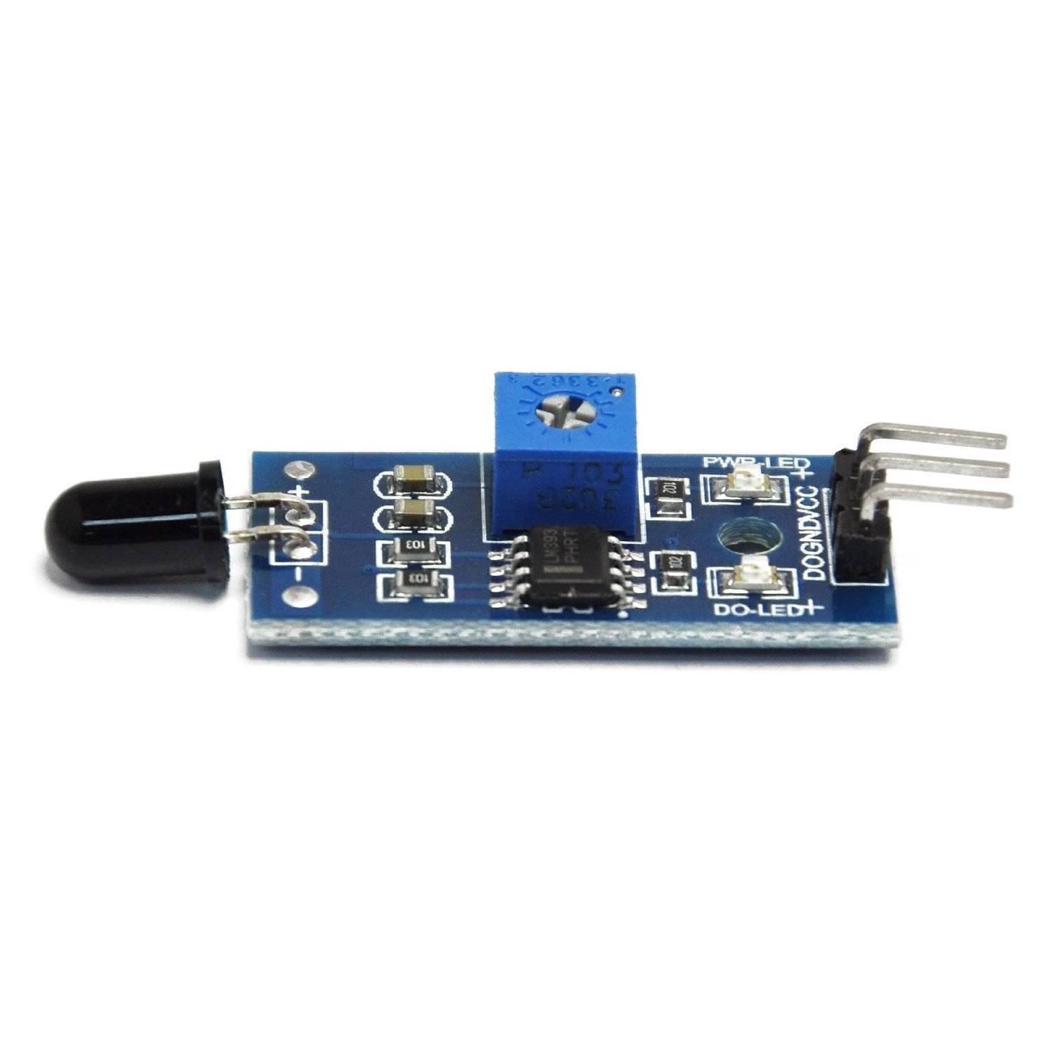 IR Flame Sensor Module - a blue circuit board with a black infrared sensor, a blue potentiometer knob, two LEDs, and a three-pin connector.