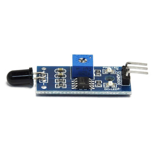 IR Flame Sensor Module - a blue circuit board with a black infrared sensor, a blue potentiometer knob, two LEDs, and a three-pin connector.