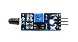 IR Flame Sensor Module - a blue rectangular circuit board with a black sensor, a blue potentiometer, an IC chip, and three output pins.